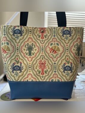 One of a Kind Canvas Sea Life Tote Bag with Blue Faux Leather Base